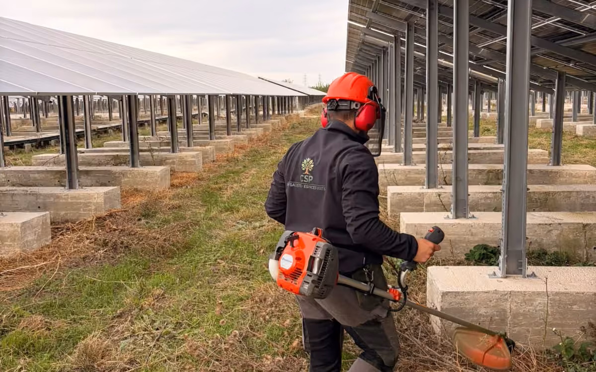 Technicien CSP Paysages casqué débroussaillant un inter-rang de centrale photovoltaïque