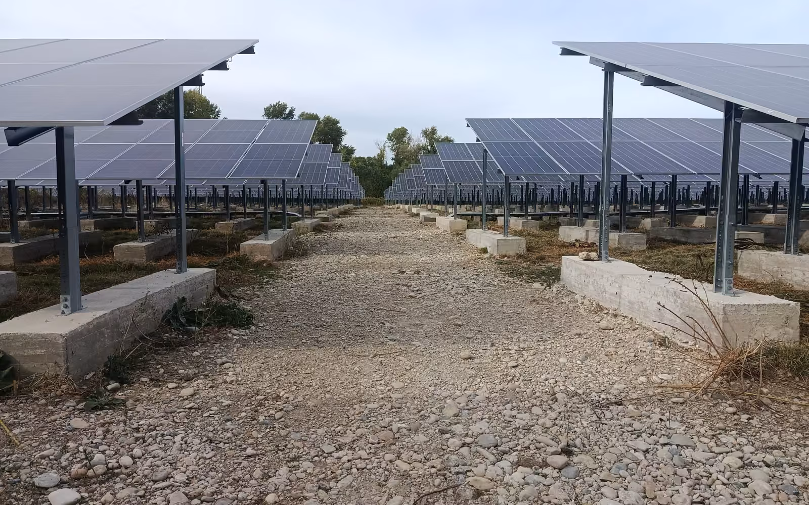 Rangée de centrale photovoltaïque entièrement dégagée après débroussaillage